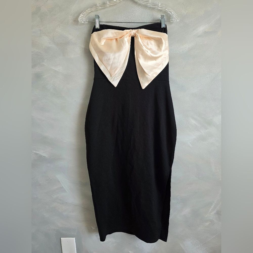 Fore Elegance Strapless Midi Dress Nude Bow Chest Black Side Split Sz L NWT